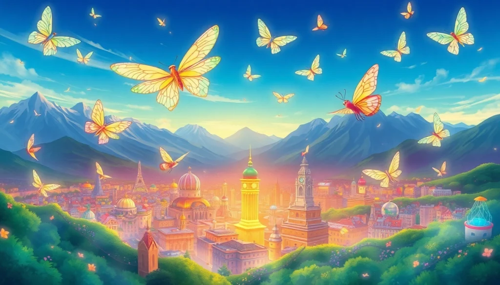 A stunning illustration of vibrant wings789 integrated into a fantasy skyline, symbolizing freedom and adventure.