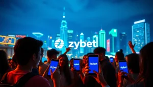 Ezybet users excitedly engaging with the betting app in a vibrant city nightlife.