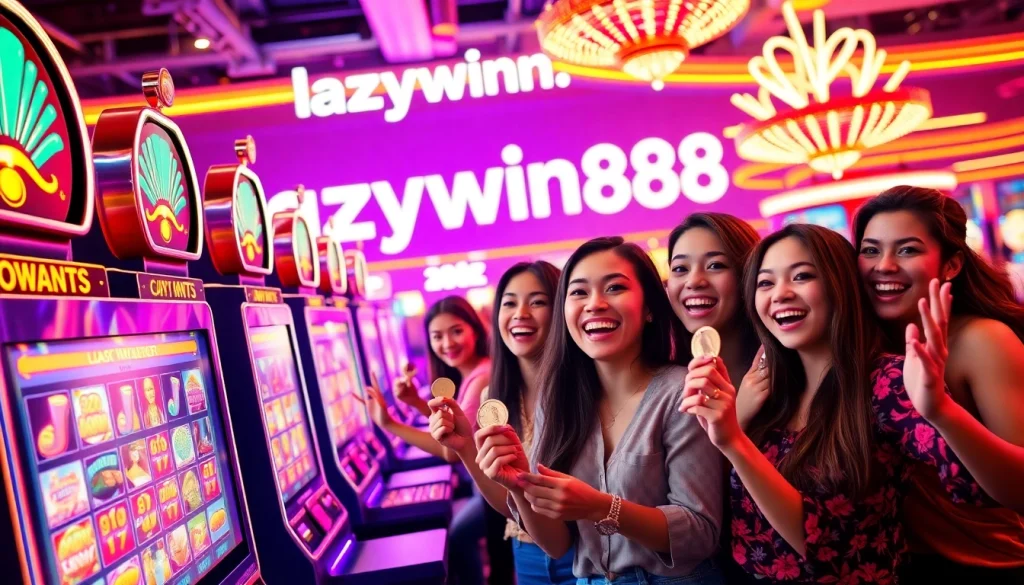 Experience excitement at lazywin888 with vibrant slot machines and joyful players celebrating their wins.