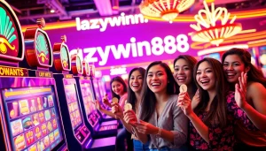 Experience excitement at lazywin888 with vibrant slot machines and joyful players celebrating their wins.