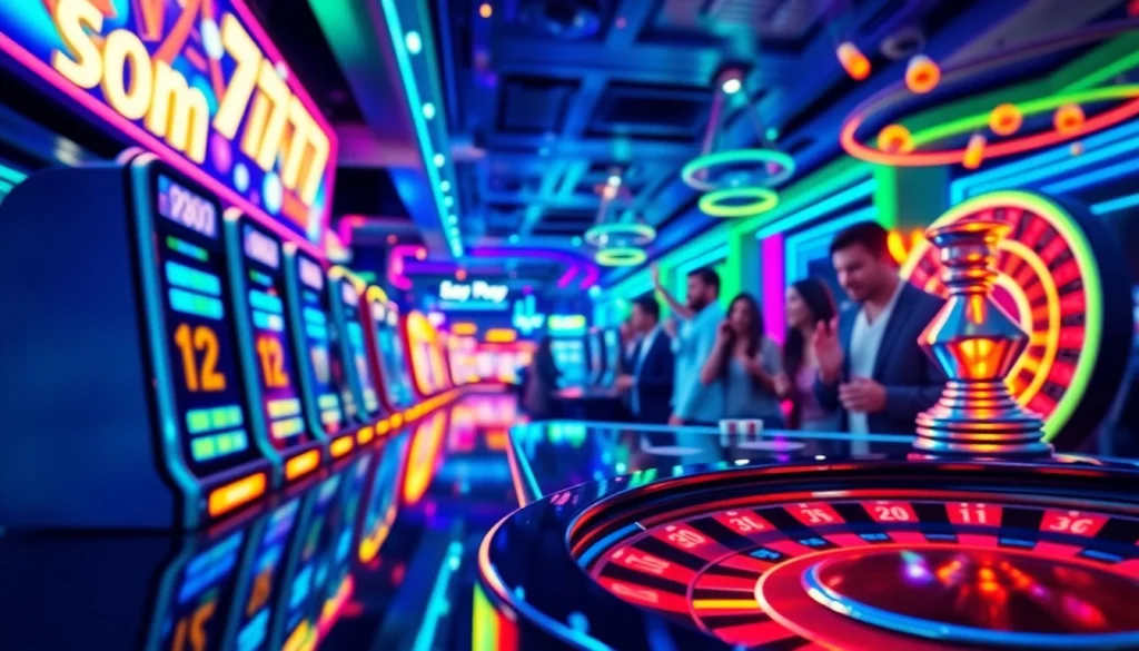 Discover thrilling gameplay with som777 in a futuristic casino environment filled with vibrant neon lights.