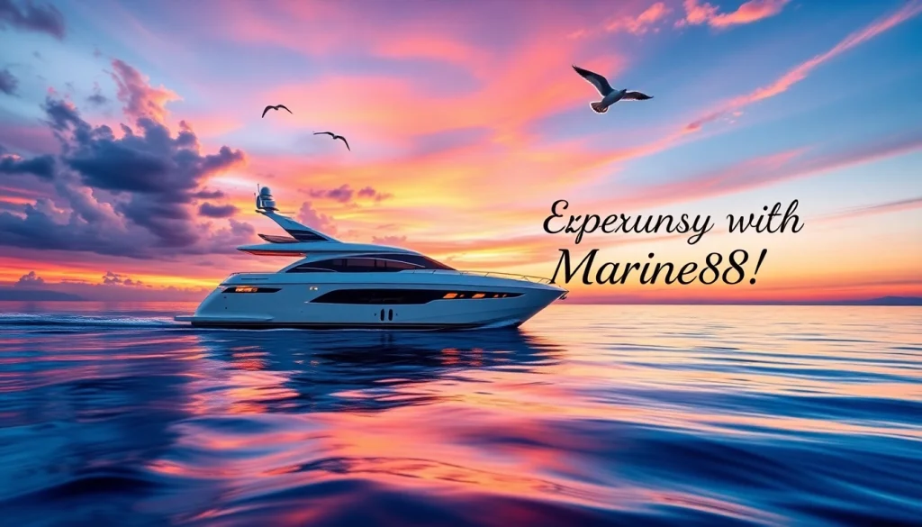 Discover a stunning yacht adventure with marine88 in a vibrant ocean sunset, evoking luxury and tranquility.