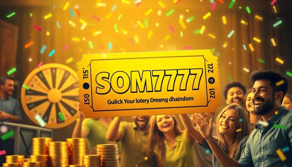 Celebrate a winning moment on som777, featuring a golden lottery ticket amidst colorful confetti.