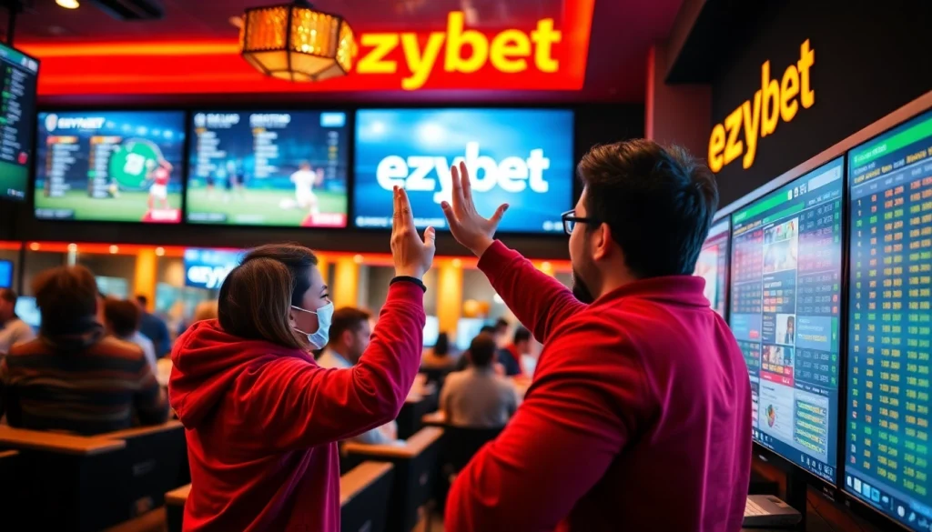 Ezybet showcasing a vibrant online betting atmosphere with users celebrating a big win.