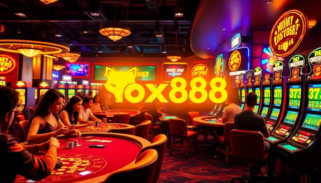 Players enjoying thrilling casino games with the fox888 logo glowing.