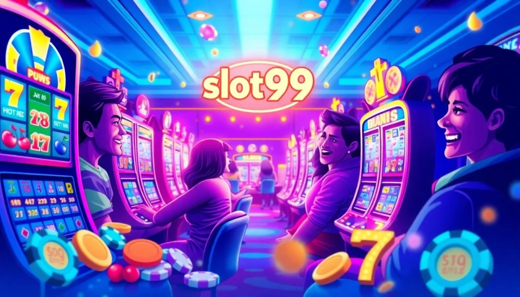 Experience the excitement of slot99 with vibrant casino visuals, colorful machines, and cheerful players.