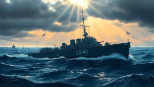 Explore the USS LSM44, showcasing its heroic design as it navigates turbulent waters.