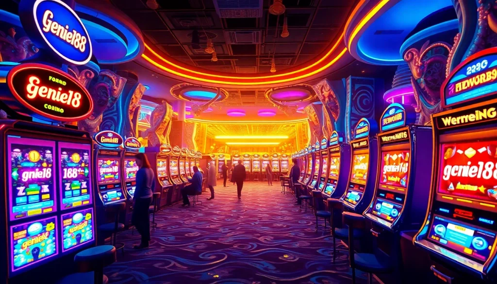 A lively scene of a casino filled with 'genie168' slot machines, radiating excitement and magic.