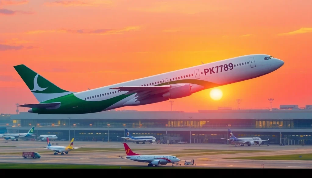 Vibrant image of PK789 aircraft taking off against a sunset backdrop, showcasing the excitement of air travel.