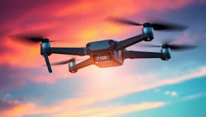 Showcase the innovative F168 drone flying against a vibrant sunset backdrop.