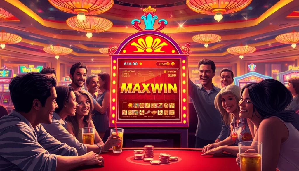 Players celebrating near a "slot maxwin" machine in a lively casino atmosphere.