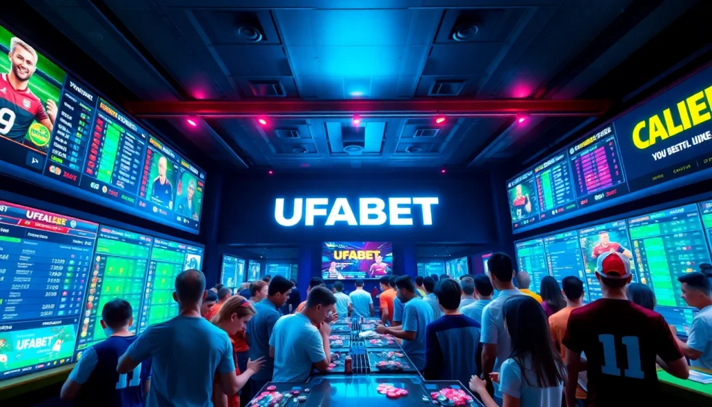 Enthusiastic bettors immersing in the UFABET online betting platform's vibrant atmosphere.