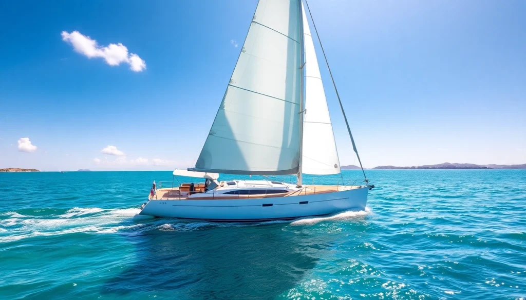 J88 sailboat speeding across turquoise waters under a clear blue sky.