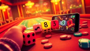 Experience the excitement of tài xỉu online with a vibrant betting scene featuring dice, chips, and a smartphone.