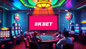 Experience the thrilling environment of 8KBET with vibrant slot machines and excited players.