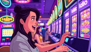 Players excitedly engaging with สล็อตเว็บตรง slot machines in a vibrant casino atmosphere.