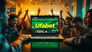 Excited bettors engaging with Ufabet เว็บตรง on a sleek laptop and smartphones.