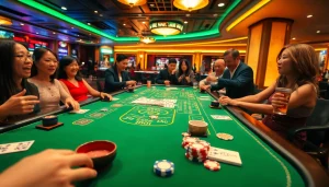 Players engaging intensely at a xóc đĩa gambling table with vibrant chips and bowls.