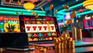 Engage in ทดลองเล่นสล็อต with an inviting online casino scene featuring bright colors and dynamic elements.