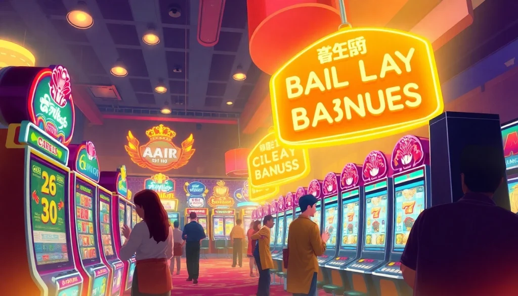 Experience the excitement of สล็อตทดลอง in a lively casino filled with colorful slot machines and eager players.