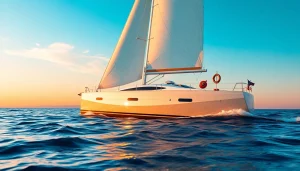 Experience the J88 sailboat sailing smoothly over gentle waves during sunset.