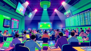 Engage with tylekeo's vibrant sports betting atmosphere, showcasing players excitedly analyzing odds and placing bets.