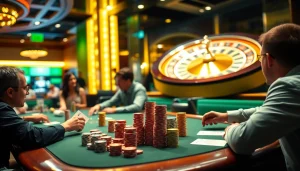 Experience high-stakes excitement at https://bet88com.delivery/ with a poker game in a vibrant casino setting.