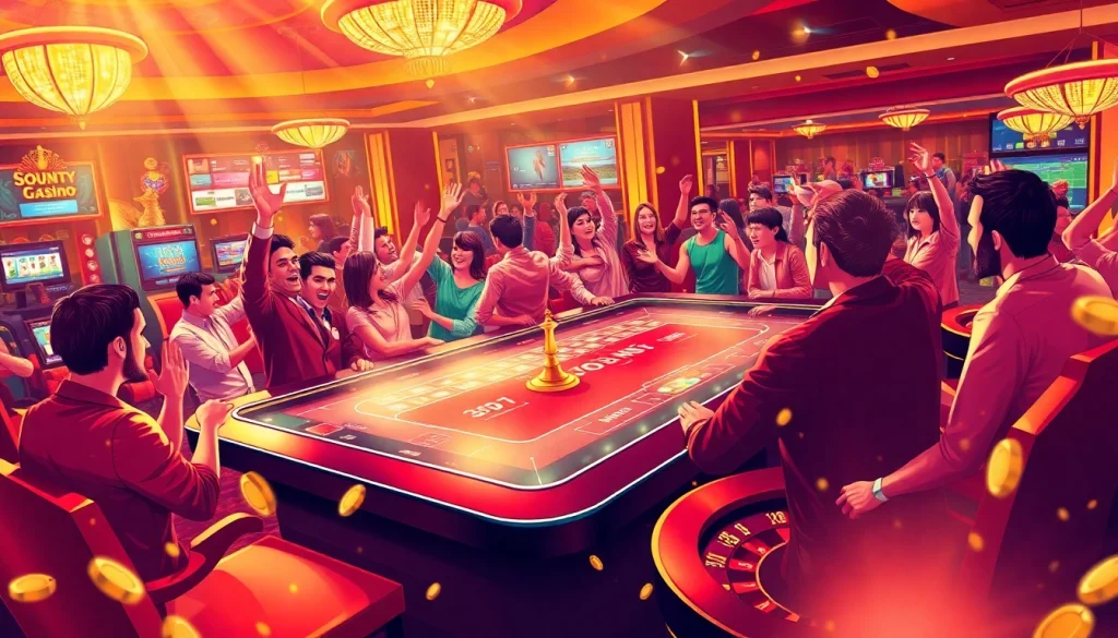 Exciting Sunwin gaming scene with players winning at a vibrant casino table.