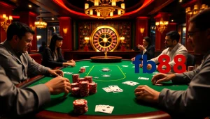 Players engage in thrilling poker action at fb88, showcasing intense focus and vibrant chips.