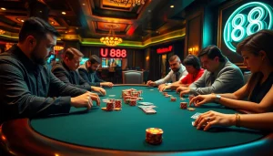 U88 poker scene with players eyeing their cards and vibrant chips at a high-stakes casino game.