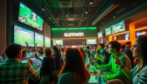Capture the excitement of sunwin sports betting with enthusiastic bettors in a lively venue.