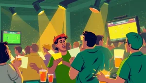 Experience the excitement of live sports betting at https://fb88.legal/, depicted with diverse bettors enjoying their passion.