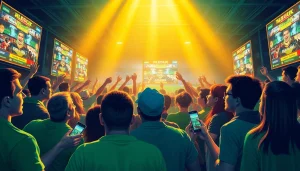 Exciting sports betting scene at https://f168.today/ with diverse bettors and action-filled screens.
