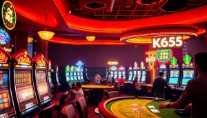 Experience the thrill of gaming at https://ok365.tw/ with dynamic casino scenes featuring vibrant slot machines and players in action.