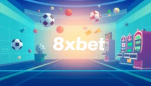 Dynamic scene showcasing the excitement of sports betting with 8xbet branding and sports icons.