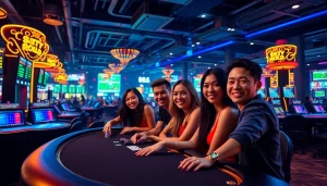 Players enjoying diverse gaming experiences at https://8kbet5.com/ casino scene, capturing excitement and energy.