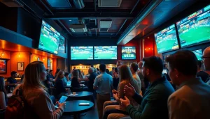 Engaging sports bettors analyzing latest odds at https://f168.today/ in a vibrant lounge setting.