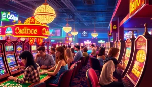 Explore the vibrant atmosphere of the online casino through the qh88 link, featuring excited players and engaging games.