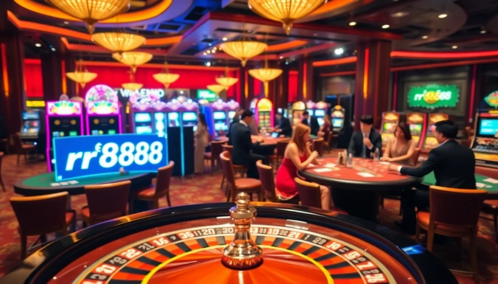 Experience the thrilling casino atmosphere with rr888 technology, as players engage around vibrant roulette and poker tables.