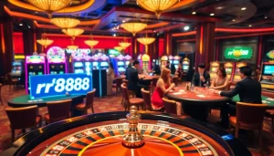 Experience the thrilling casino atmosphere with rr888 technology, as players engage around vibrant roulette and poker tables.