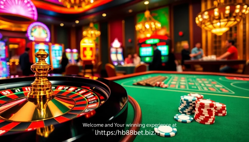 Experience thrilling gambling at https://hb88bet.biz/ with vibrant poker chips and a roulette wheel in a luxurious casino setting.
