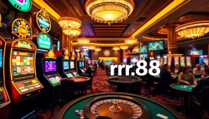 "Explore the excitement of the rr88 link at a vibrant casino with players, slots, and poker action."