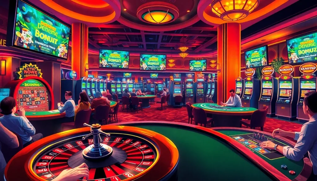 Captivating casino scene showing players enjoying card games and roulette, featuring deneme bonusu veren siteler promotions on screens.