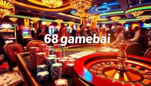 A vibrant casino scene showcasing poker players around a table, prompting visitors to explore https://68gamebai.download/ for the ultimate gambling experience.