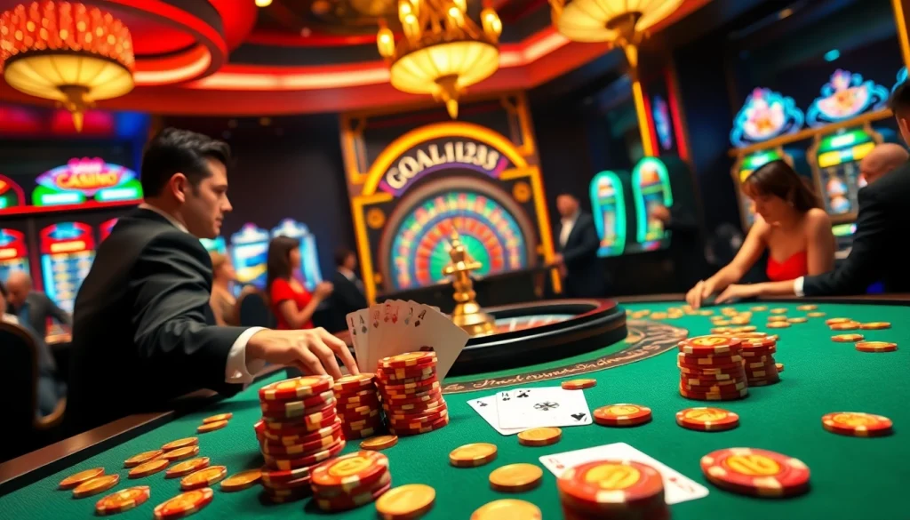 Experience the thrill at trang chủ GOAL123, featuring vibrant casino tables with players enjoying poker, roulette, and slot machines.