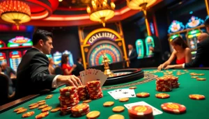 Experience the thrill at trang chủ GOAL123, featuring vibrant casino tables with players enjoying poker, roulette, and slot machines.