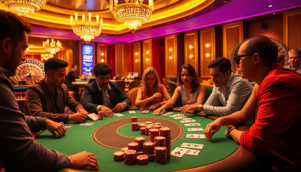 Experience the thrill of Top nhà cái with players strategizing at a sophisticated casino poker table.