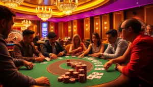 Experience the thrill of Top nhà cái with players strategizing at a sophisticated casino poker table.