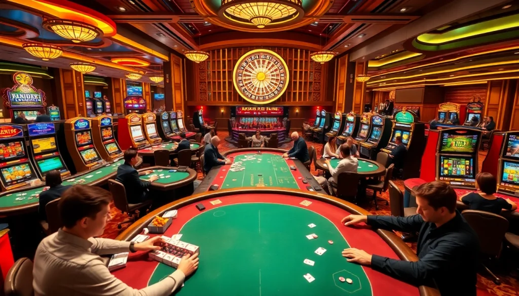 Experience the thrill of rr888 at a vibrant casino with poker tables, slot machines, and roulette action.