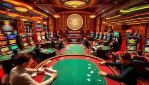 Experience the thrill of rr888 at a vibrant casino with poker tables, slot machines, and roulette action.